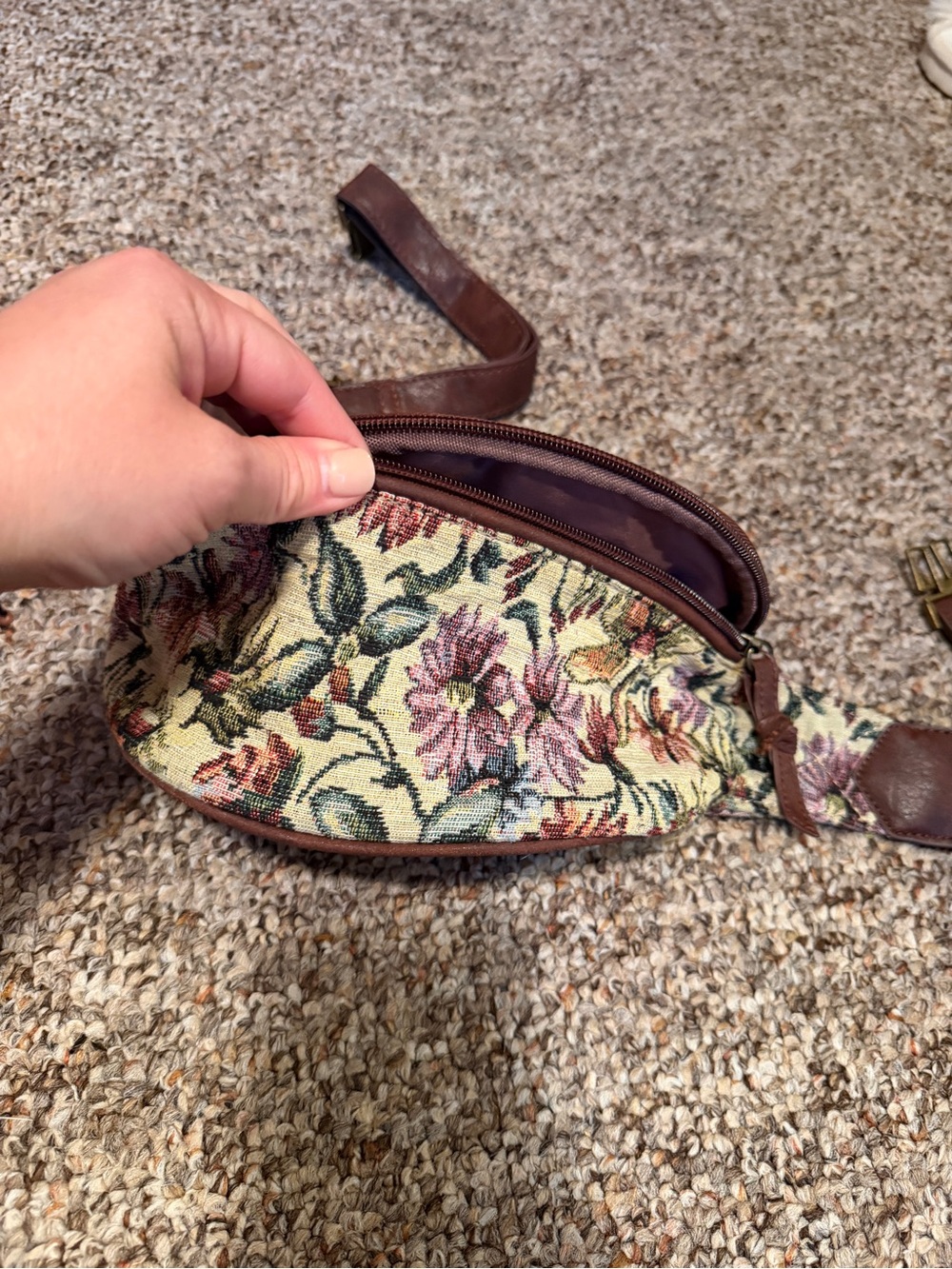 Floral Tapestry Waist Bag in Brown and Cream